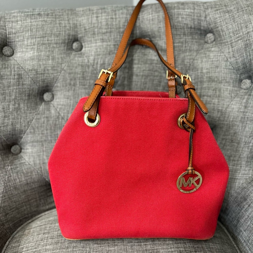 Michael Kors Red/Brown Canvas and Leather Large Raven Shoulder Bag